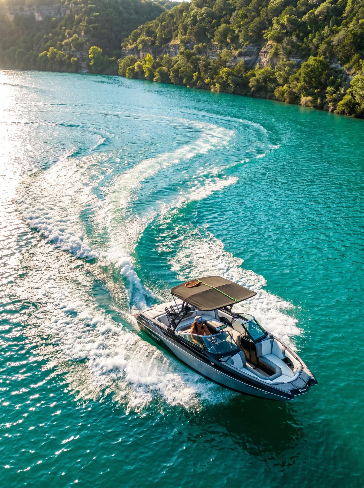 Lake Austin wakesurf charter, cinematic view 4 aboard the Sanger V237 SX