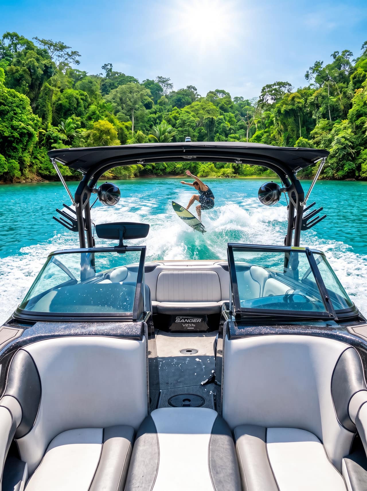 Lake Austin wakesurf charter, cinematic view 2 aboard the Sanger V237 SX